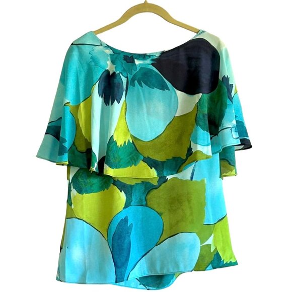 NWT DKNY Top, Blouse, Watercolor Blue Green Abstract Floral Pattern, Size Small - Picture 1 of 2
